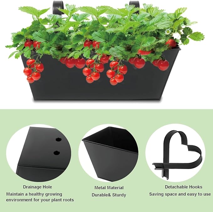 3 Pcs Large Hanging Flower Pots for Railing or Fence 16 Inch Railing Planter Box for Any Balcony Porch or Deck Countryside Style Window Planter Boxes Are Perfect to Herbs & Flowers (Black-5pcs)