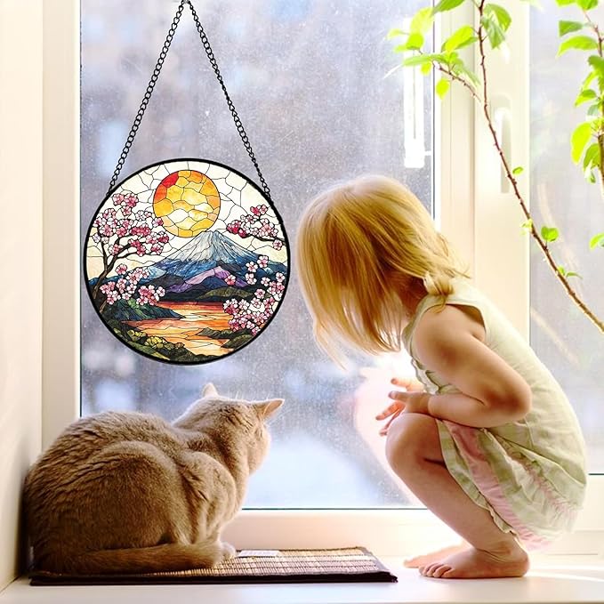DASTOLL Stained Glass Window Hanging, Sun Blooming Cherry Blossoms Suncatcher Diamond Glass Panel Sun Catchers Decor for Birthday for Women, Men, Wife, Aunt, and Mom 14.9x14.9 in