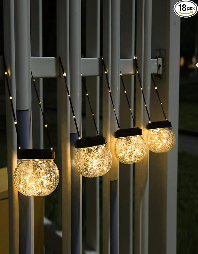 PARTPHONER Solar Lanterns Solar Lights Outdoor Waterproof 18-Pack, Solar Powered Hanging Lights Cracked Glass Hanging Globes for Christmas Decoration, Shepherd Hook, Garden Tree Ornaments