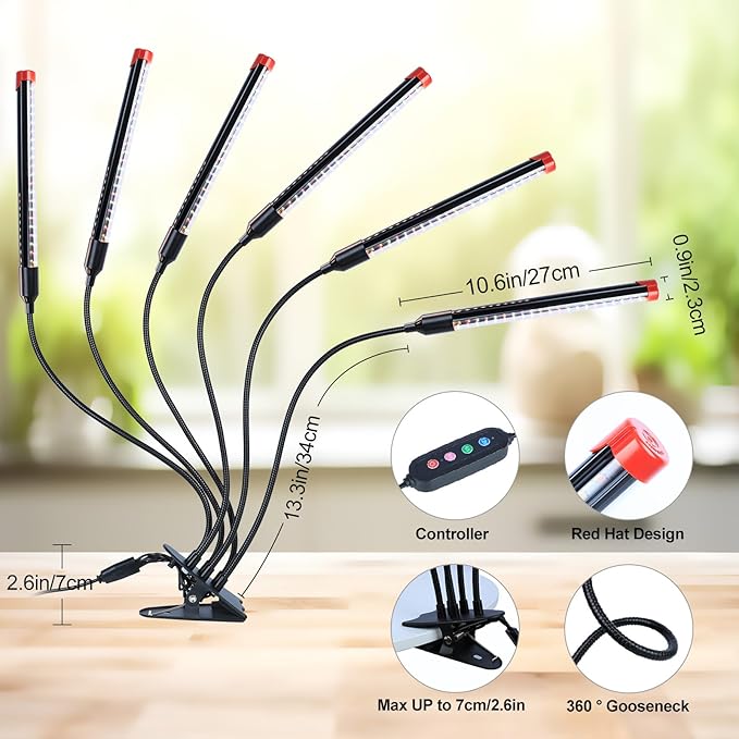 GameChanger! 54W, NOT 15W, 6Head Strong Clip Grow Lights for Indoor Plants with Timer, Best Gift for Plants Lover, LED Plant Growing Lamp for Houseplants, Bonsai, Seed Starting, Seedlings, VEG, Flower