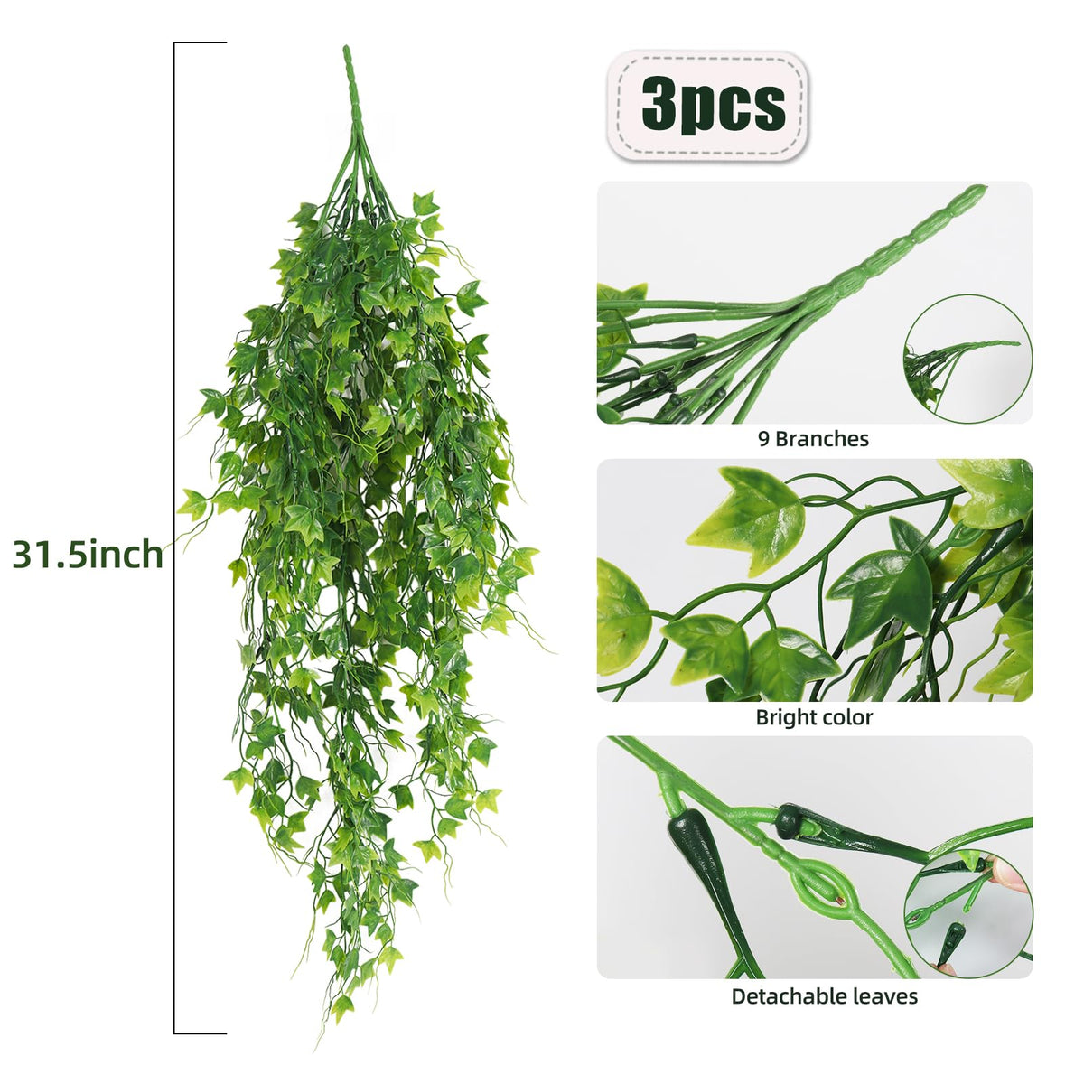 RECUTMS 3Pcs Green Artificial Plant Faux Ivy Greenery Fake Hanging Plants