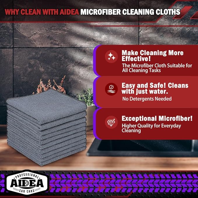 AIDEA Microfiber Cleaning Cloth Grey 150PK, Microfiber Towels for Cars, Premium Car Cloths, Dusting Cloth Lint Free Cleaning Rags for SUVs, House, Kitchen, Window, Workshops,12×12"
