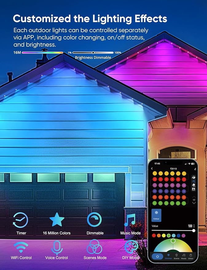 APPECK Permanent Outdoor Lights 150ft,RGBW Eaves Light with 108 LED Lights,111+ Scenes Modes Outdoor Lighting, Waterproof Permanent Light for Daily Holiday Decorations, Works with Alexa,White