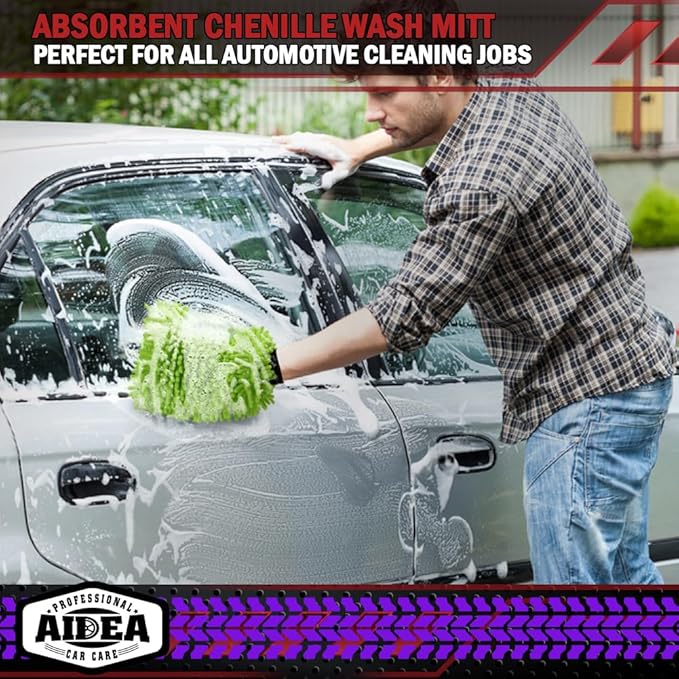 AIDEA Car Wash Mitt Microfiber, 1PK-Scratch-Free& Lint-Free, Premium Chenille Microfiber Mitt Car Wash Brush-Green Regular Size (7.12''X10.14'')