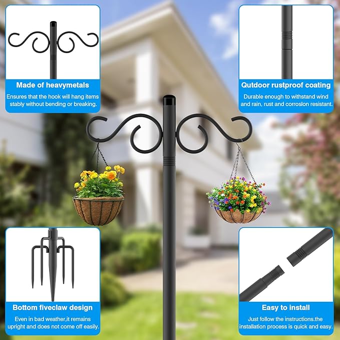 Adjustable Shepherd Hooks for Outdoor,1 Pack 55 Inch 5 Prong Base Bird Two Sided Feeder Poles,Heavy Duty Shepherds Hook,Suitable for Garden in Hanging Flower Basket,Lantern,Bird Nests(1 Pack 55 inch)