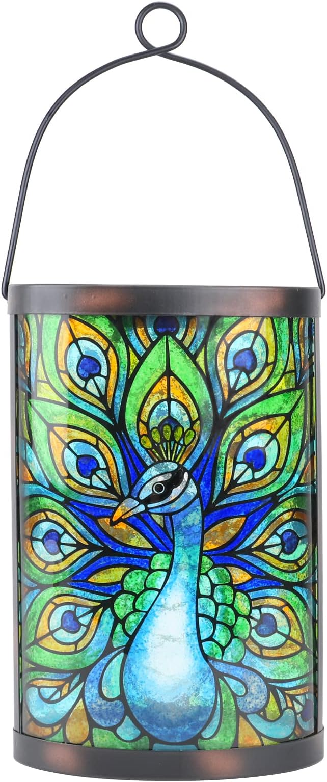 Hanging Solar Lantern Outdoor Waterproof LED Solar Lights Peacock Decorative Solar Lanterns Tabletop Lamp for Outdoor Patio Garden Yard Decor