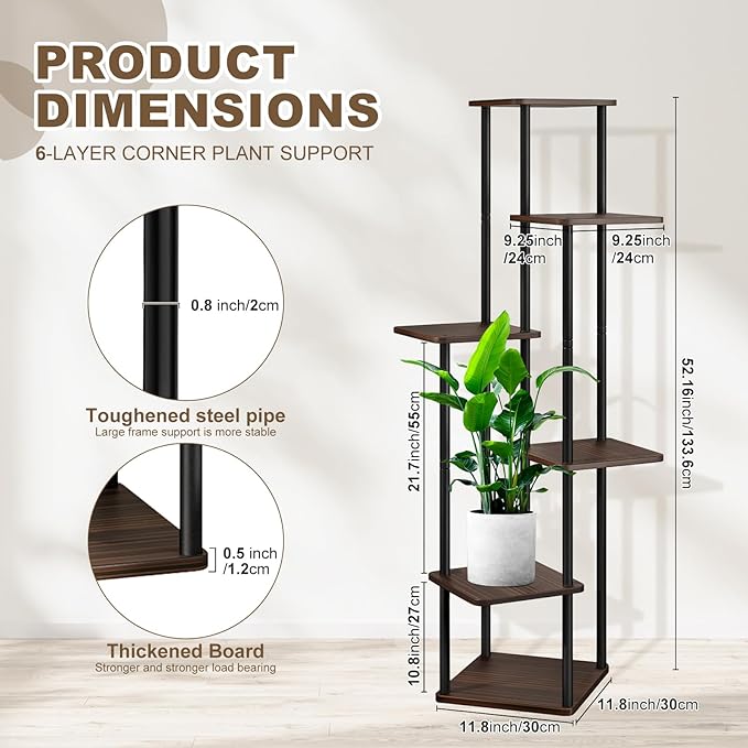 YOCOMEY 6 Tier Wood Tall Plant Stand Metal Rack Indoor, Multiple Flower Pot Holder Shelves Corner Rack, Planter Shelf Display Rack Storage Organizer for Patio Living Room Balcony Garden(Black Oak)