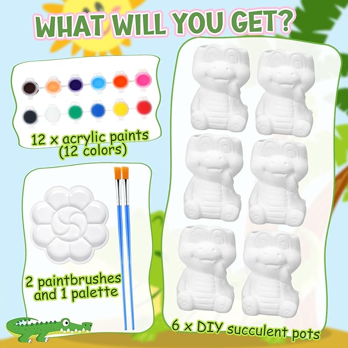 Pasimy 6 Set Ceramics to Paint DIY Ceramic Succulent Planter Pots Paint Your Own Flower Pots Craft Kit Unpainted Bisque Flowerpot with Brush Palette for Family Activity Holiday Gifts(Crocodile)