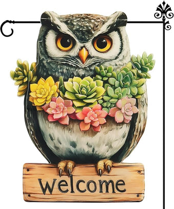 Owl Garden Flags 12x18 Inch Double Sided, Spring Summer Welcome Banner Small Yard Flags for Outside, Farmhouse Front Porch Home Outdoor Seasonal Decor Holiday All Seasons Decoration