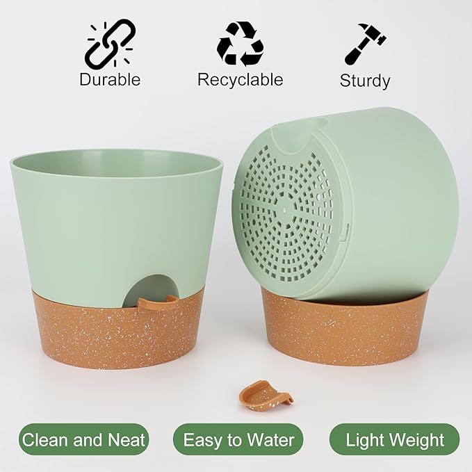 10-Inch Plant Pots, Self-Watering Planters with Drainage Holes & Saucers for Indoor and Outdoor Plants (2-Pack, Green)