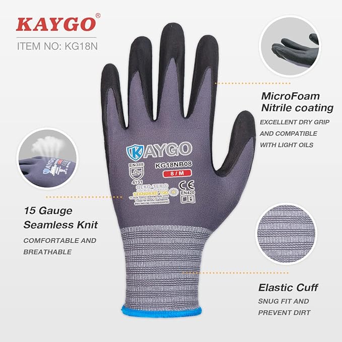 KAYGO Safety Work Gloves MicroFoam Nitrile Coated, 3 Pairs KG18NB,Seamless Knit Nylon Glove for Men and Women, Ideal for Automotive,Warehouse,Construction (2X-Large,Gray)