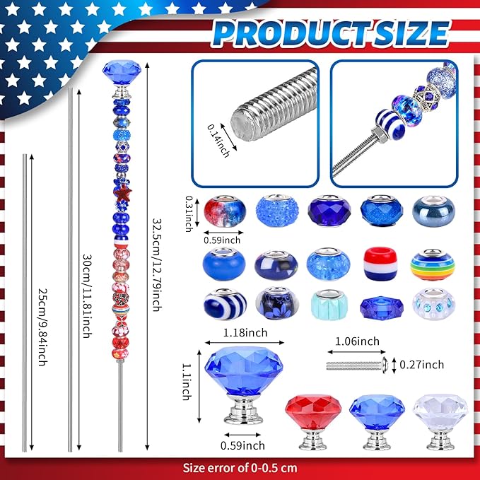 DIY Fairy Wand Garden Beads Stakes Wands Kit,Multiple Color Scheme European Beads Crystal Diamond Tops and 12 or 10 Inch Threaded Rods,Stainless Steel Stakes with Diamond Toppe(Red+White+Blue)