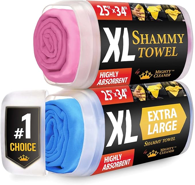 Premium XL Shammy Towel for Car - 2pk (34"x25") - Super Absorbent Chamois Cloth for Drying - Spots & Scratch-Free, Reusable