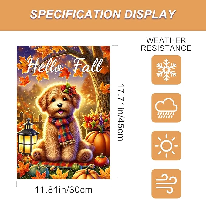 Hello Fall Garden Flag Thanksgiving Flag Cute Puppy Scarf Pumpkins Autumn Leaves Lantern Outdoor Yard Decor 12x18 Inch Double Sided Banner For Front Porch Lawn Patio Seasonal Home Decoration