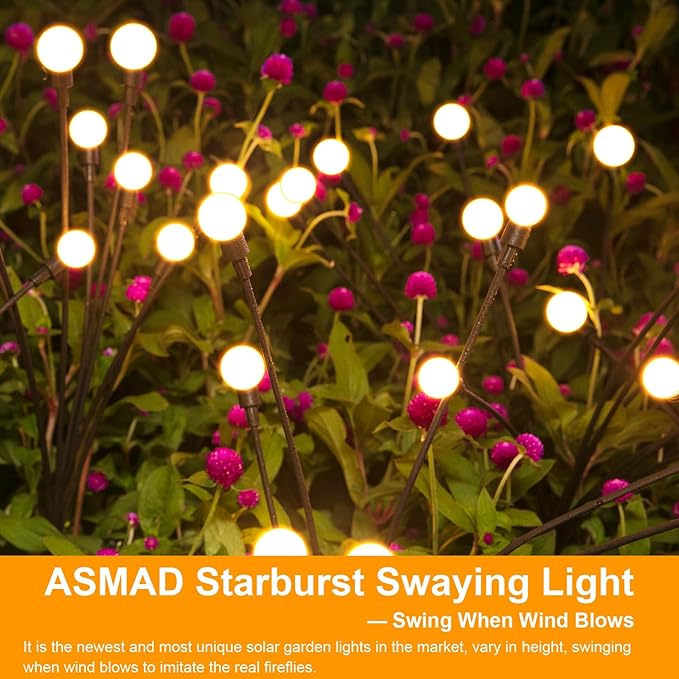ASMAD Solar Lights Outdoor(6-Pack, 48 LEDs), Solar Garden Lights, Outdoor Decorations, Firefly Light for Patio Decor, Big Bulb, Unique Gifts for Women, Gifts for Grandma