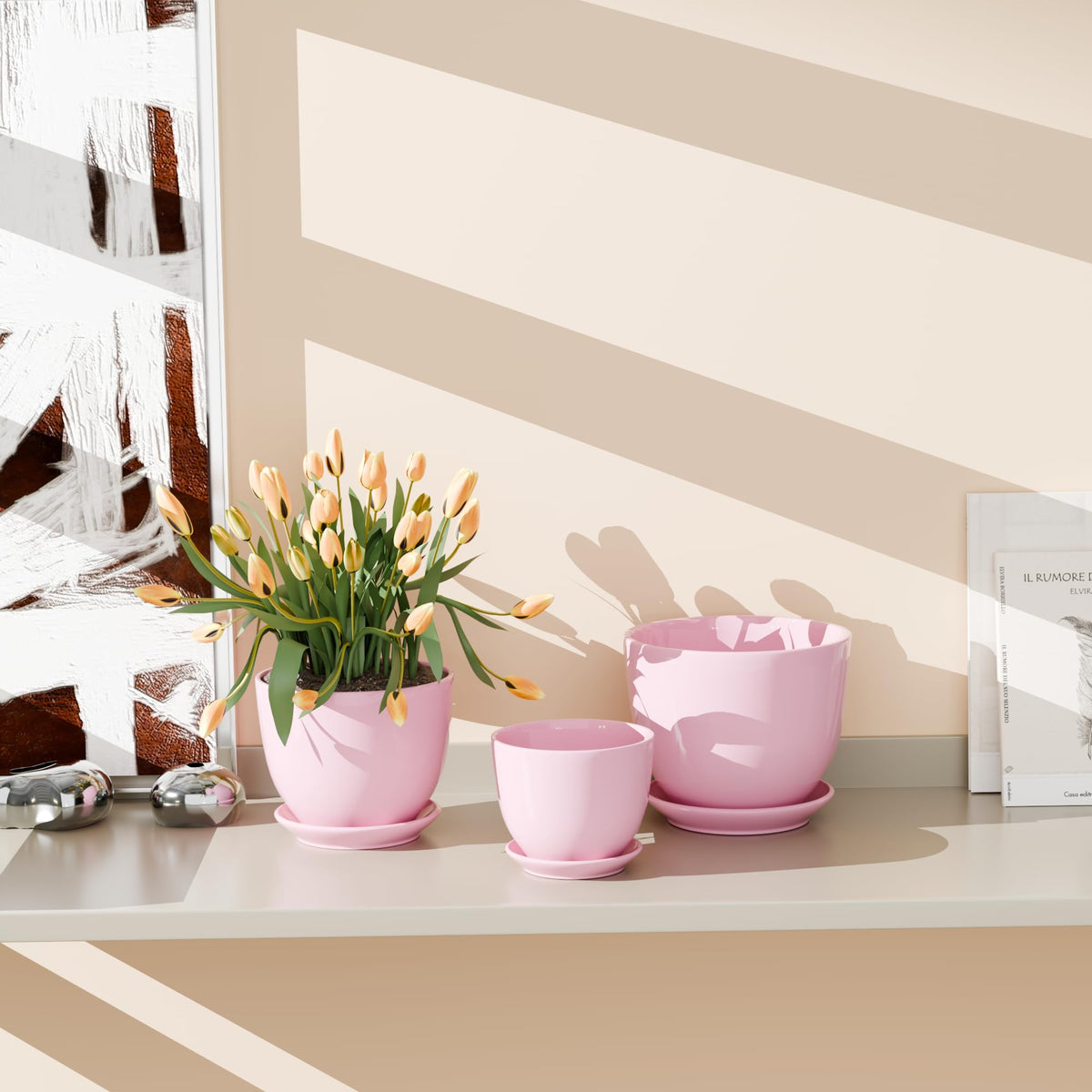Pink Plant Pots,Ceramic Flower Pots Set of 3 with Drainage Holes & Saucers