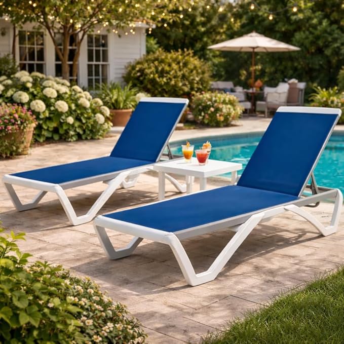 Kozyard Outdoor Chaise Lounge Chair, Full Flat Adjustable Patio Lounger with Aluminum Frame & Resin Legs, Textilene Fabric for Poolside, Backyard & Beach (Blue, 2Chairs with Table)