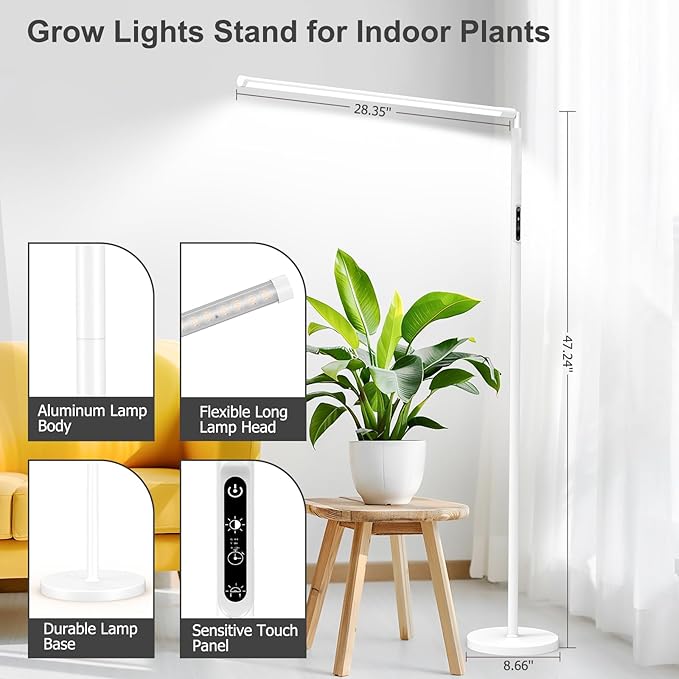 STERREN Grow Lights Stand for Indoor Plants, Full Spectrum Plant Floor Lamp for Indoor Growing, 22W LED Plant Light with 4/8/12H Timer, 47’’ Modern White Standing Grow Light for All Stages,1437lm