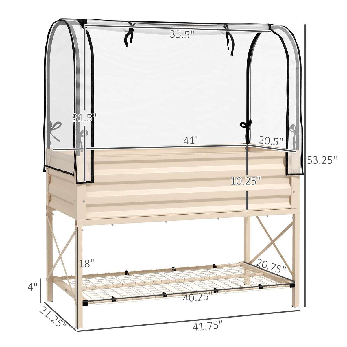 Outsunny Raised Garden Bed with Cover and Storage Shelf, Cream