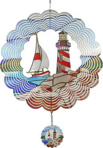 Lighthouse 3D Wind Spinner Kinetic Metal Art Hanging Wind Spinner Outdoor Decoration Ocean Ornaments Decor for Yard and Garden