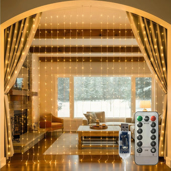 Curtain Lights for Bedroom & Romantic Decor - 300 LED Fairy String Lights with Remote, 8 Modes Timer, USB Plug in Waterproof for Cozy Backdrop Wedding Indoor Wall, 9.8ft x 9.8ft, Hanging Lights