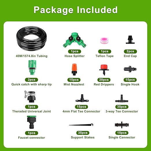 Drip Irrigation Kit 131FT 158PCS with 1/4" Black Distribution Tubing, Automatic Watering System for Garden, Greenhouse, Patio, Flower Bed, Lawn