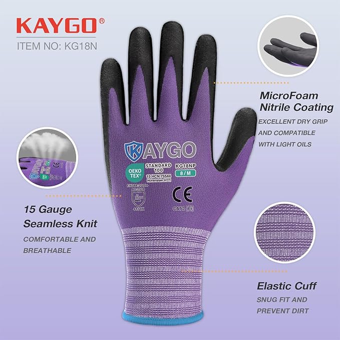 KAYGO Safety Work Gloves MicroFoam Nitrile Coated, 3 Pairs KG18NB,Seamless Knit Nylon Glove for Men and Women, Ideal for Automotive,Warehouse,Construction (XL, Purple)