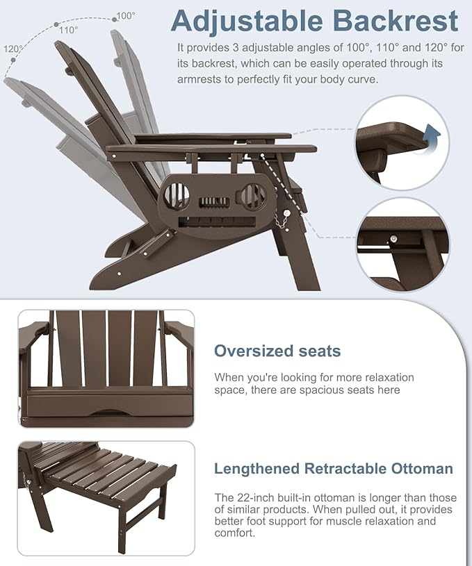 Adjustable Adirondack Chair with Retractable Ottoman Set of 8, HDPE Folding Adirondack Chair with Cup Holder, All Weather Fire Pit Chair for Outdoor.