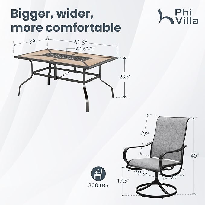 PHI VILLA 7 Piece Patio Dining Set, 6 Swivel Patio Chairs with Textilene Mesh Fabric & Rectangular Wooden-Like Dining Table(1.6" Umbrella Hole), All Weather Patio Chairs and Table Set for Deck (Grey)