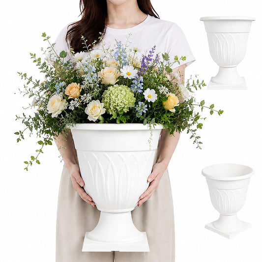 2Pcs 15.3" Tall Flower Pots Large Planters, Round Resin Urn Planter B-style