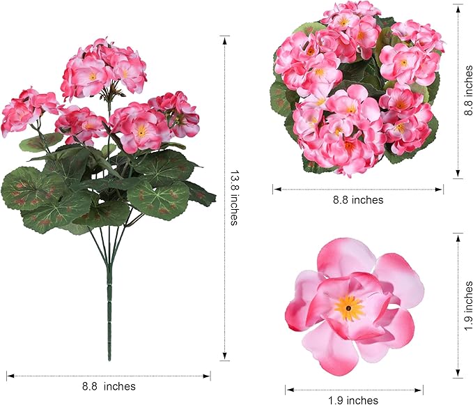 Artificial Geranium Fake Flowers for Outdoors Decoration, 6 Bundles Silk Geraniums Pink Flower UV Resistant Look Real Faux Plants for Front Door Garden Porch Planter Patio Balcony Yard Indoor Home