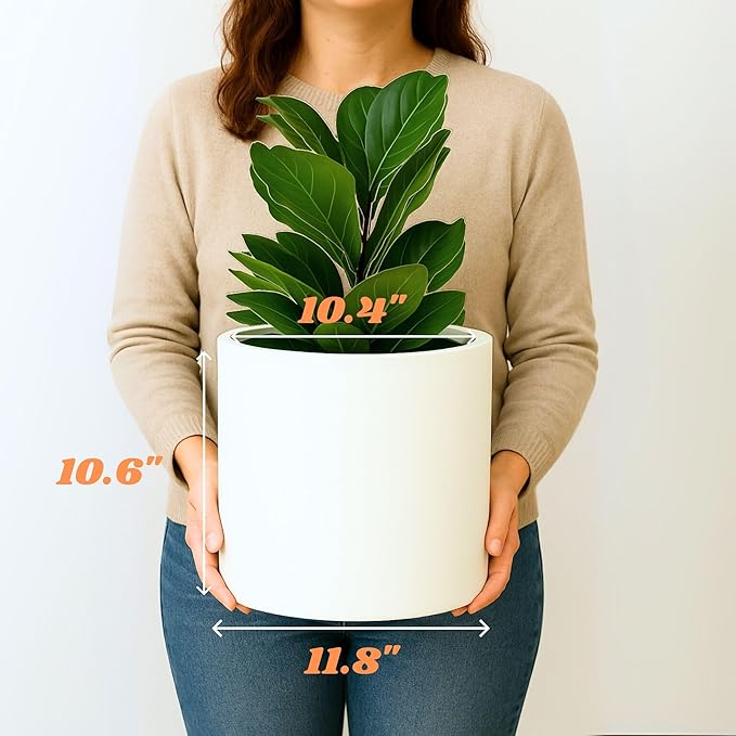 Fox & Fern Large 12 Inch Plant Pot with Hidden Saucer — Premium Lightweight Fiberstone Matte White Self Watering Planter with Seamless Saucer; Indoor & Outdoor Use; Weather Resistant & UV Resistant