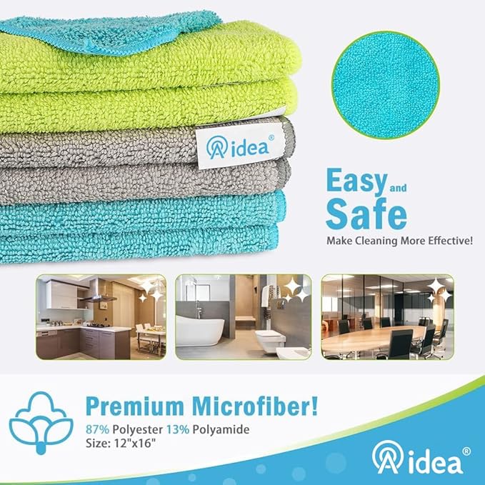 AIDEA Microfiber Cleaning Cloth-8PK, Soft Microfiber Towels for Cars, Absorbent Cleaning Rags, Lint-Free Streak-Free Wash Cloths for House, Kitchen, Window(12in.x16in.)