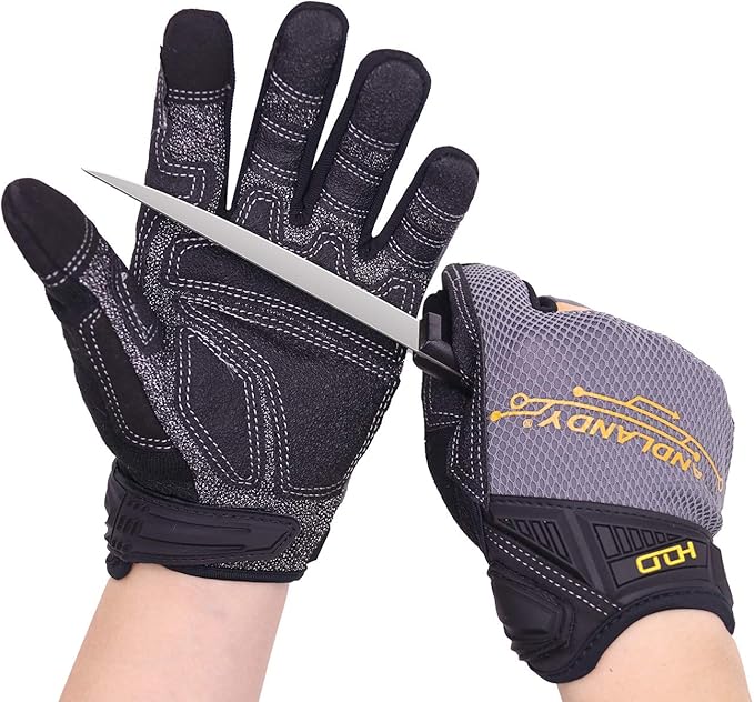 HANDLANDY Mens Work Gloves Touch screen, Utility Mechanic Gloves, Flexible Breathable Fit- Padded Knuckles & Palm