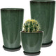 Neoaider 24/21/12 Inch Large Plastic Planter, Lightweight Ceramic-Look Tall Planters with Drain Hole & Saucers, Tall Plastic Planters for Porch, Garden, Patio, Balcony(Dark Green)