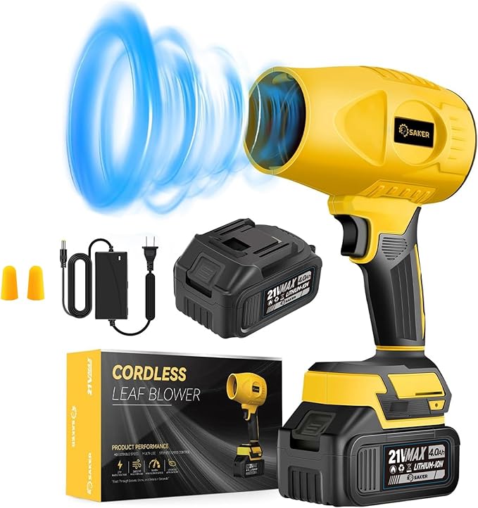 Saker Handheld Cordless Leaf Blower Portable Dust Cleaner 180000 RPM Compressed Air Duster with Adjustable Speed for Drying Patio Cleaning Camping 2 x 4.0Ah Battery Yellow