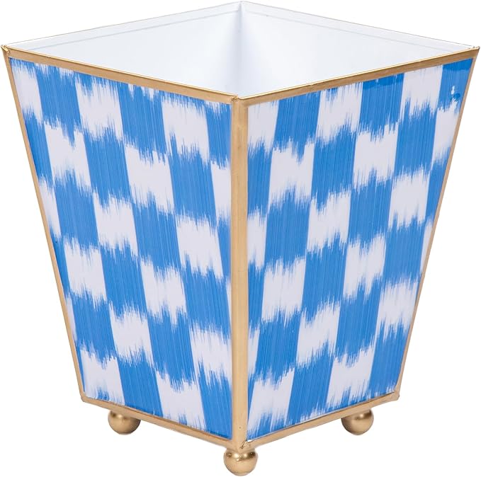 Jaye's Studio Decorative Planter Pots for Indoor Plants, Cachepot for Office, Kitchen, Bedroom, Desk, Living Room, Metal Flower Pot Small Planters, Gold Plant Pot Chinoiserie (Checkered Blue, 6 Inch)