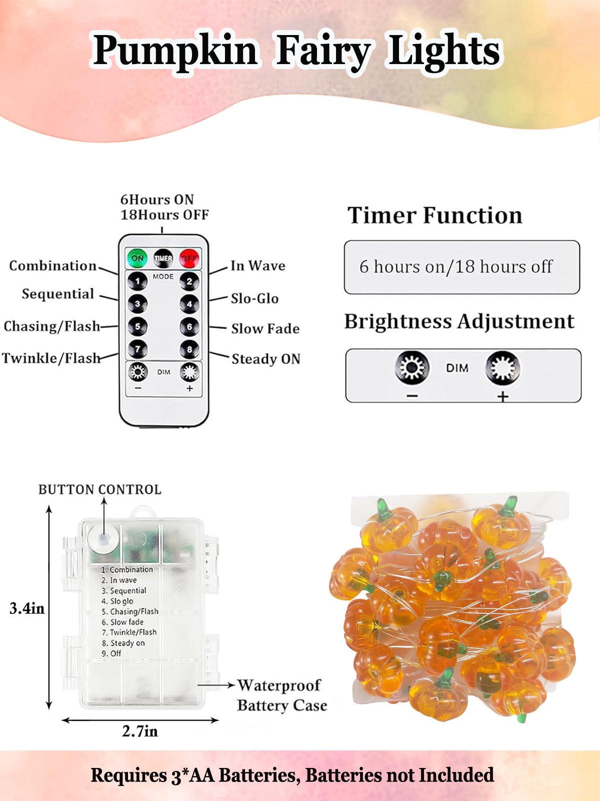 Fall Decor 10FT 3D Pumpkin Fairy Lights Battery Operated With Remote Orange