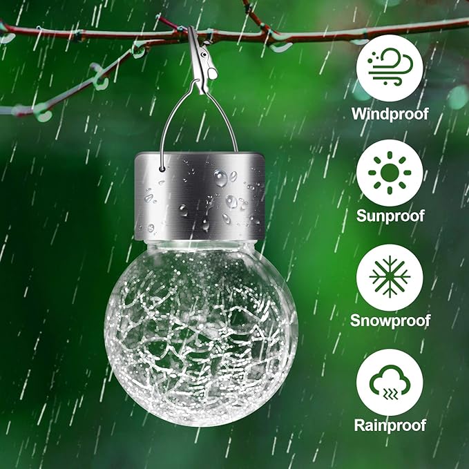 Solar Lights Outdoor Hanging Decorative Globe 24 Pack, Waterproof Solar Lantern with Handle and Clip, Solar Powered Glass Ball Lights for Garden Yard Fence Tree Umbrella Holiday Décor, Cold White