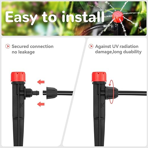 Drip Irrigation Emitters for 1/4" Drip Irrigation Tubing - Adjustable 360 Degree Water Flow Drippers on 5" Arrow Stake (25pcs Drip Emitters with Lock Barbed)