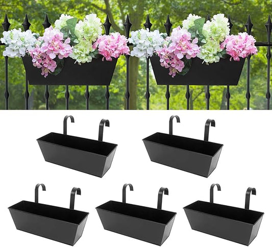 Railing Planters Outdoor Balcony 16 Inch Deck Over The Railing Planter Boxes Hanging Planters for Fence Flower 5 Pcs (Black)