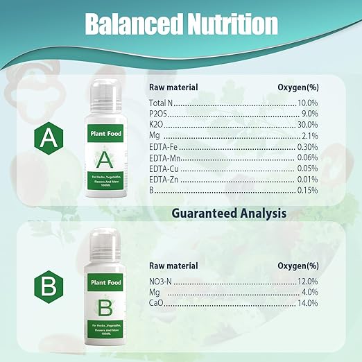 Hydroponics Nutrients (1000ml in Total), All Purpose Plant Food A & B, Hydroponics Supplies, Fertilizer for All Plants and Media, Hydroponics System Accessories for Vegetables Fruits Flowers Thrive