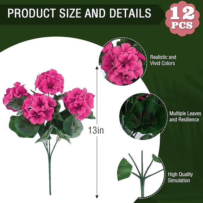 Hananona Artificial Geranium Flowers for Outdoors Geranium Silk Flowers Outdoor UV Resistant Garden Plants Faux Flowers for Home Kitchen Table Centerpieces Decor (12, Rose Red)
