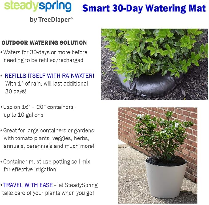 SteadySpring(R) Smart 30+Day Watering Mat Auto Refills with Rain for Tomato Plants, Peppers, Veggies, Perennials, Annuals in 1-2 Gallon Containers or with a 7 in to 10 in Root Ball (4)
