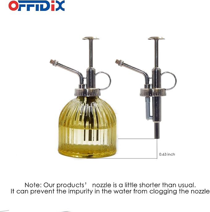 OFFIDIX Glass Watering Spray Bottle, 6.3" Tall Vintage Style Decorative Plant Atomizer Watering Can Pot with Bronze Plastic Top Pump for Indoor Potted Plants(Yellow)