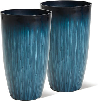 Worth Garden 23.5" Tall Plastic Planters Set of 2 with Drainage Holes, Gradient Blue Glossy Finish, Large Lightweight Round Plant Pots for Indoor Outdoor Use, Decorative Flower Pots for Front Porch