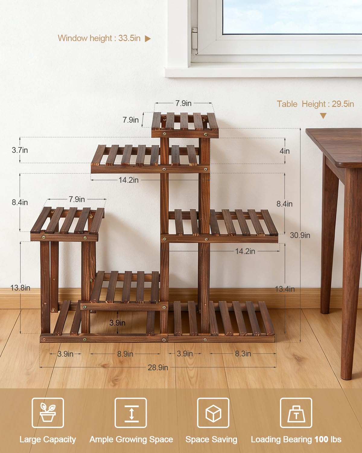OcBuct 6-Tier Wood Plant Stand Indoor Outdoor Multi Tier Plant Shelf Narrow