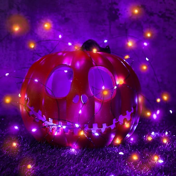 Lomotech 2 Pack Solar Lights, 33ft 100LED Orange Purple Twinkle Fairy Lights Waterproof 8 Modes Outdoor for Halloween Party DIY Decoration Black Wire