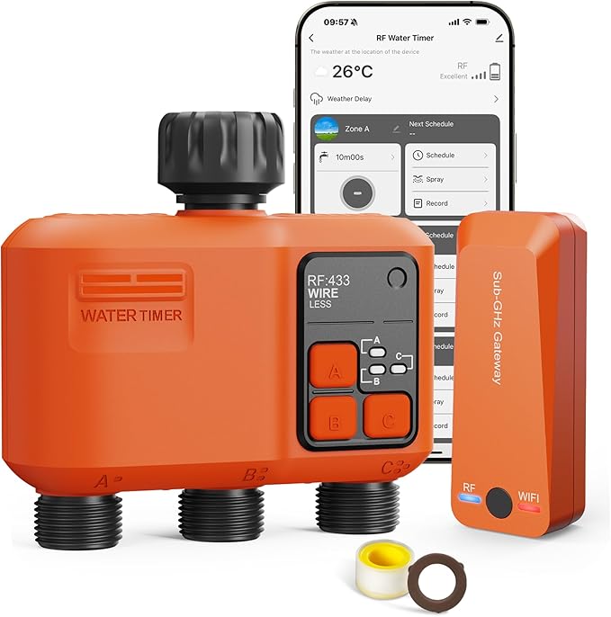 Smart WiFi Sprinkler Timer 3 Zone,WiFi Water Timer for Garden Hose with 984 FT Range,APP & Remote Control,Alexa & Google Voice Compatible,Rain Delay, Manual Mode Sprinkler System