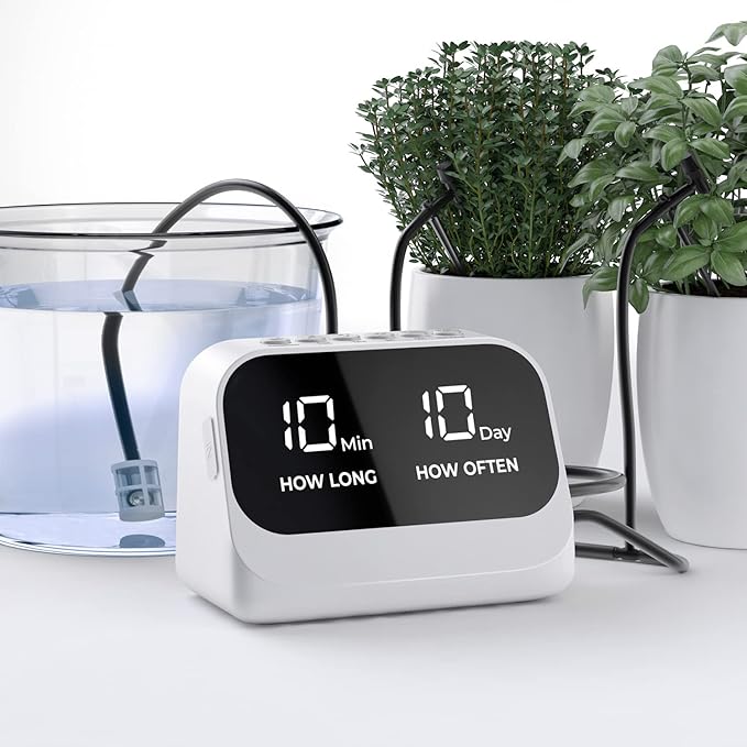 Automatic Watering System for Potted Plants, Plant Waterer, DIY Drip Irrigation Kit with Smart Timer, Waterproof LED Display & Large Capacity Battery, Precise Distribution of Water (White)